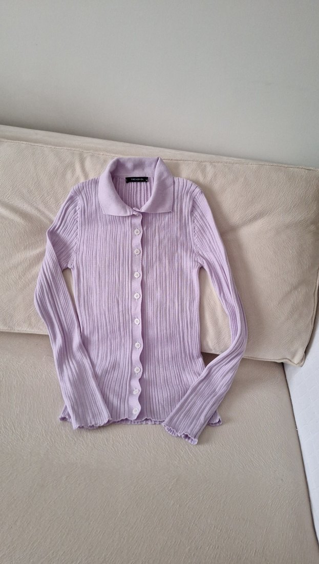 Düğmeli, Uzun Kollu, Lila Kadın Triko - Görsel 3