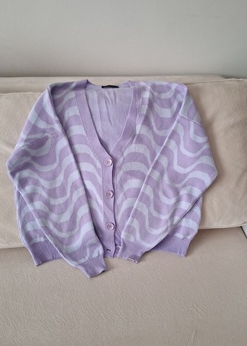 Mor Bağlama Desenli Salaş Triko Hırka - Görsel 2