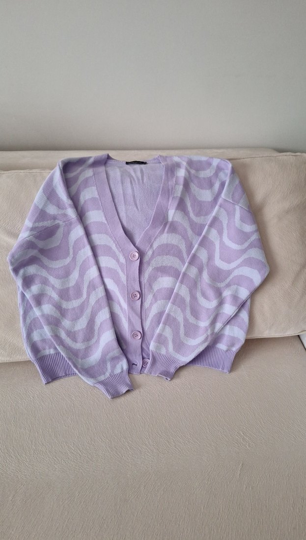 Mor Bağlama Desenli Salaş Triko Hırka - Görsel 2