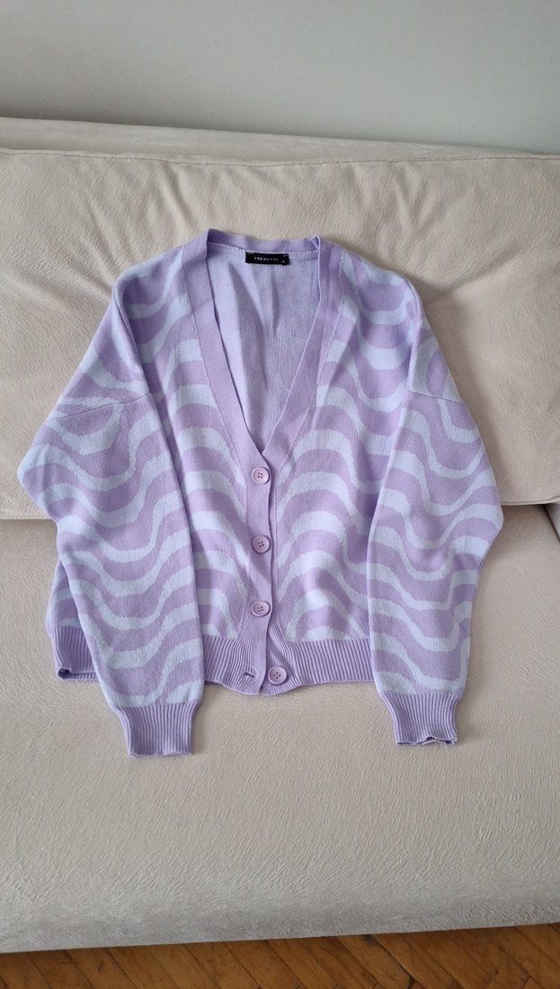 Mor Bağlama Desenli Salaş Triko Hırka - Görsel 4