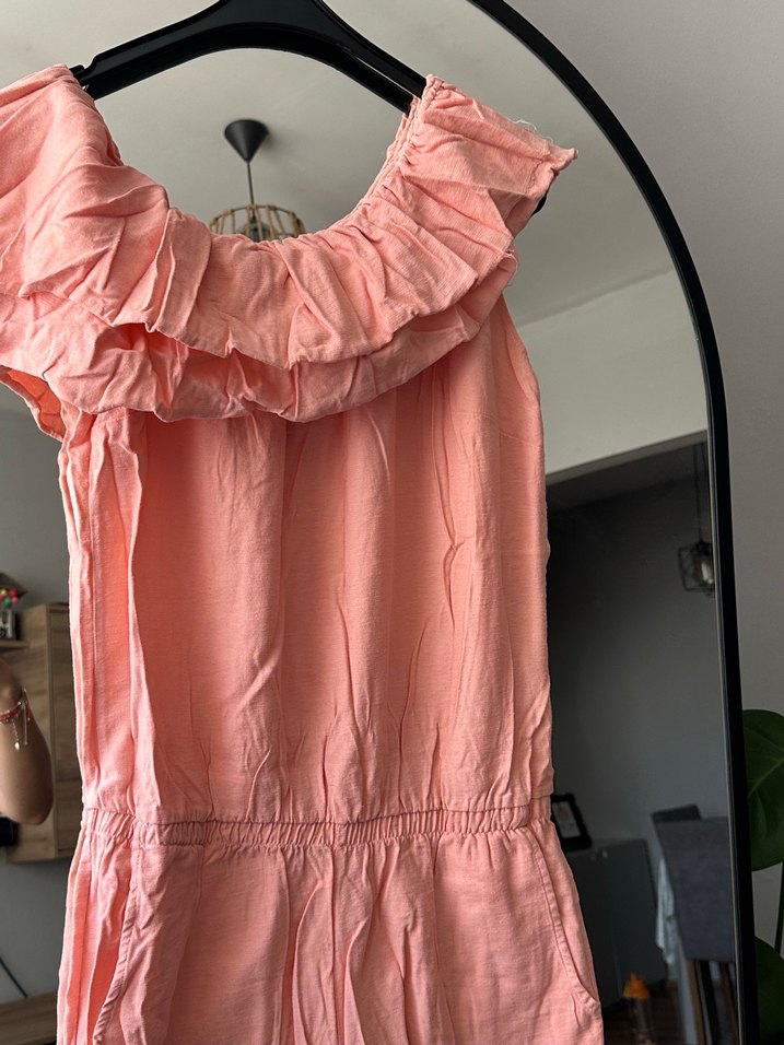 Pembe Keten Mini Volanlı Straplez Tulum - Görsel 2