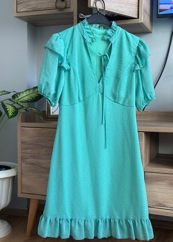 Turkuaz V Yaka Midi Bohem Elbise - Görsel 2