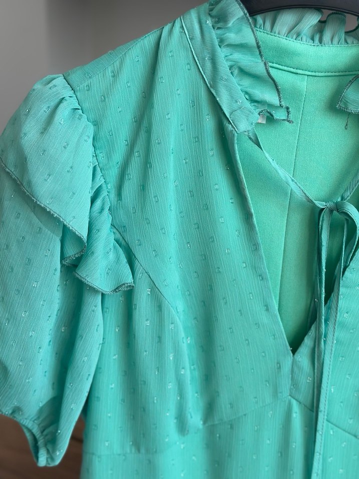 Turkuaz V Yaka Midi Bohem Elbise - Görsel 3