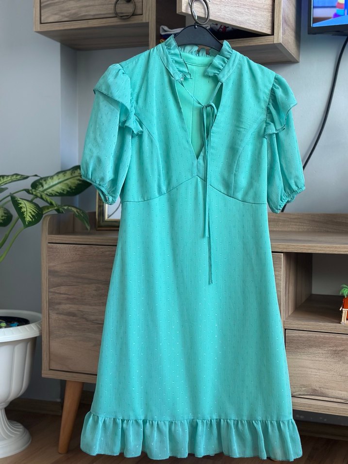 Turkuaz V Yaka Midi Bohem Elbise - Görsel 2