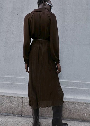 Zara plilise  Detaylı Kahverengi Bohem Uzun Elbise - Görsel 4