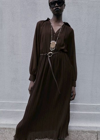 Zara plilise  Detaylı Kahverengi Bohem Uzun Elbise - Görsel 2