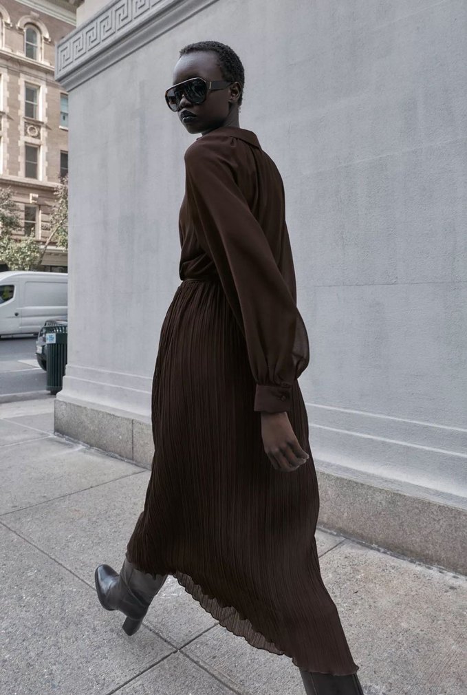 Zara plilise  Detaylı Kahverengi Bohem Uzun Elbise - Görsel 3