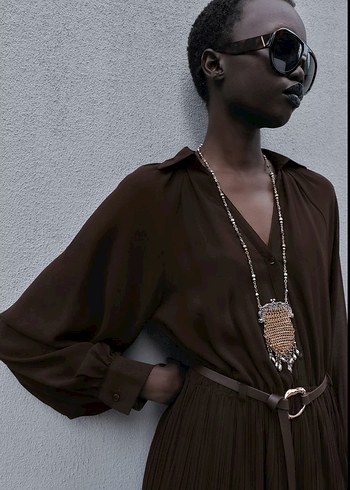 Zara Kadın Kahverengi kemerli plise Uzun Elbise - Görsel 3