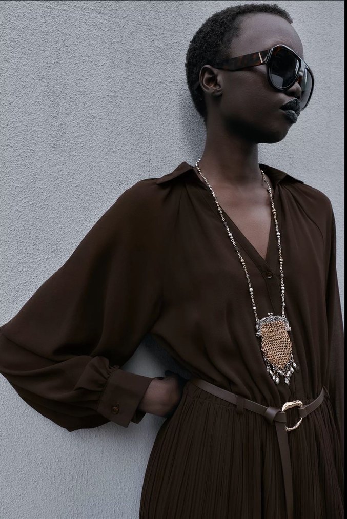 Zara Kadın Kahverengi kemerli plise Uzun Elbise - Görsel 3