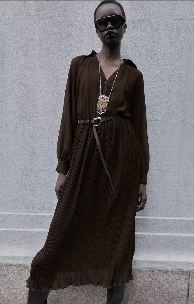 Zara Kadın Kahverengi kemerli plise Uzun Elbise - Görsel 4