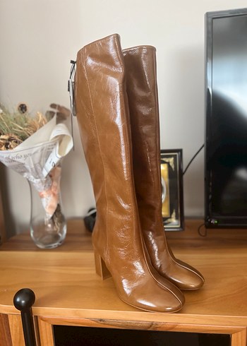 38 Beden camel Renk ZARA Kadın Camel %100 Deri Dizüstü Çizme