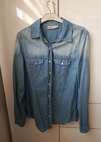 Düğmeli Mavi Denim Kadın Gömlek