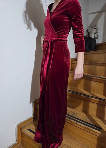 Bordo Kadife V Yaka Uzun Tulum - Görsel 2