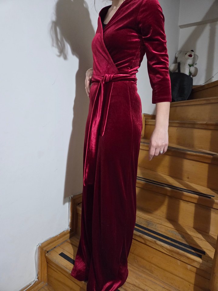 Bordo Kadife V Yaka Uzun Tulum - Görsel 2