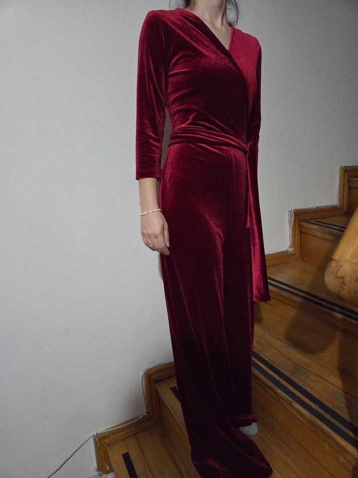 Bordo Kadife V Yaka Uzun Tulum - Görsel 3