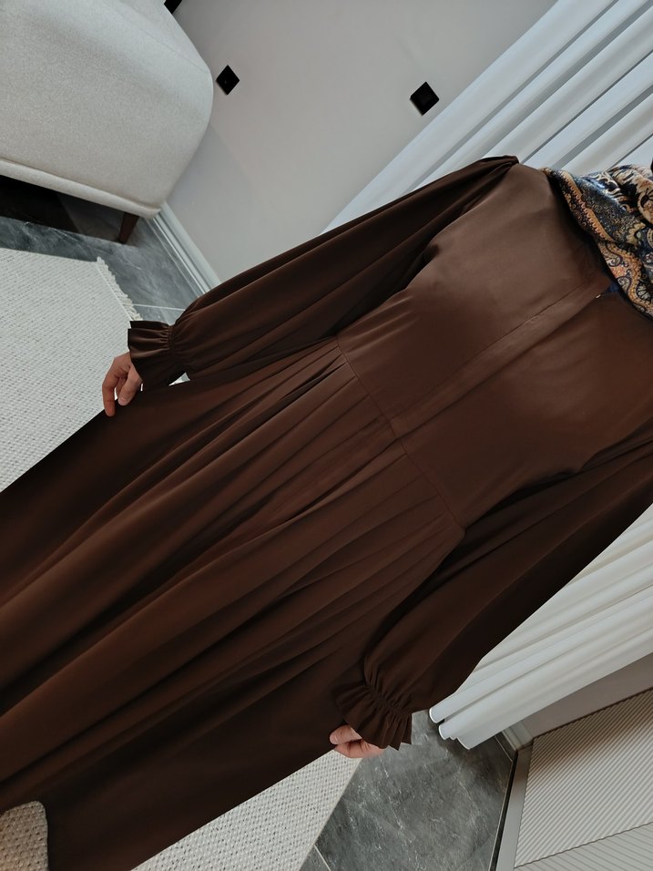 Uzun Kahverengi Drapeli Kadın ferace - Görsel 3