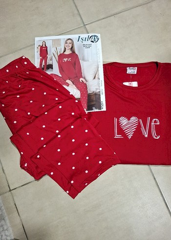 Kırmızı Uzun Kollu Mini Kadın Pijama Takımı - Görsel 2