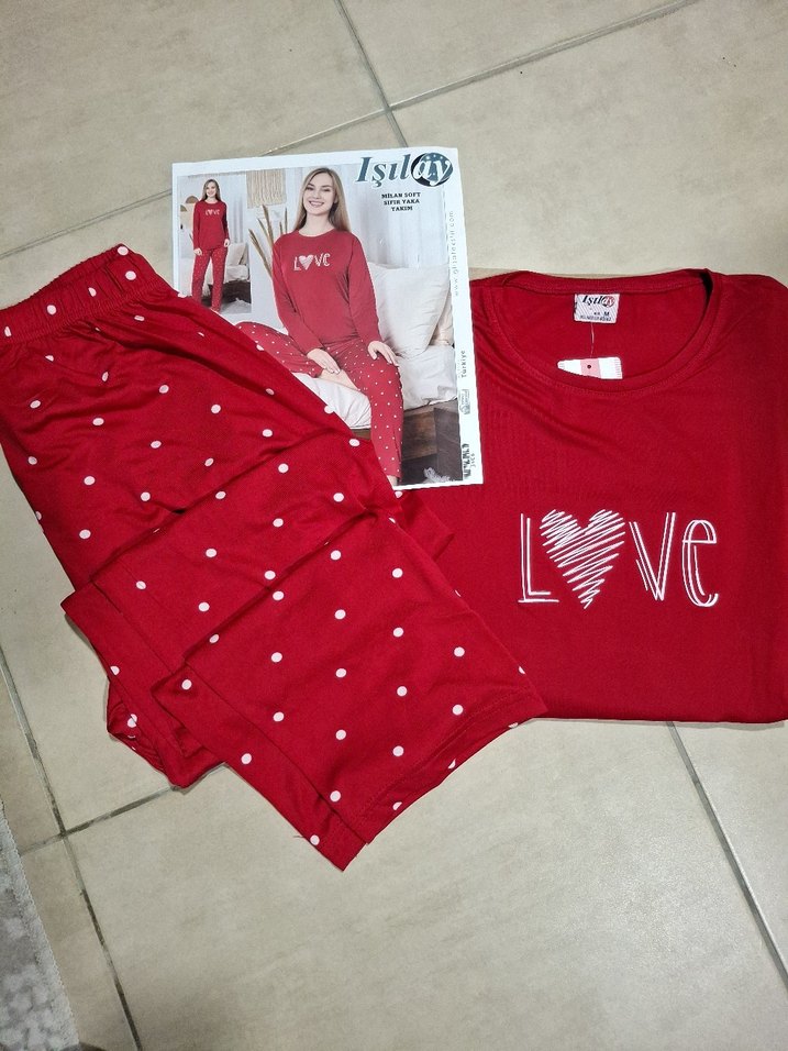 Kırmızı Uzun Kollu Mini Kadın Pijama Takımı - Görsel 2