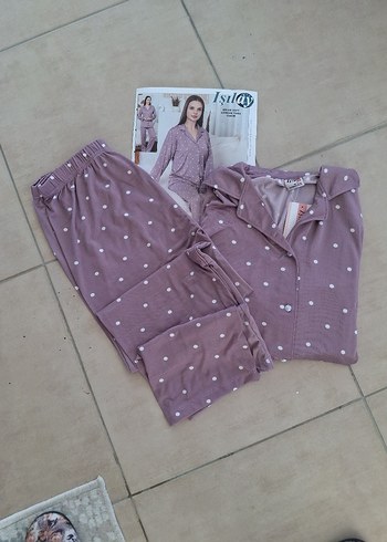 Mor Puantiyeli Uzun Kollu Rahat Pijama Takımı - Görsel 2