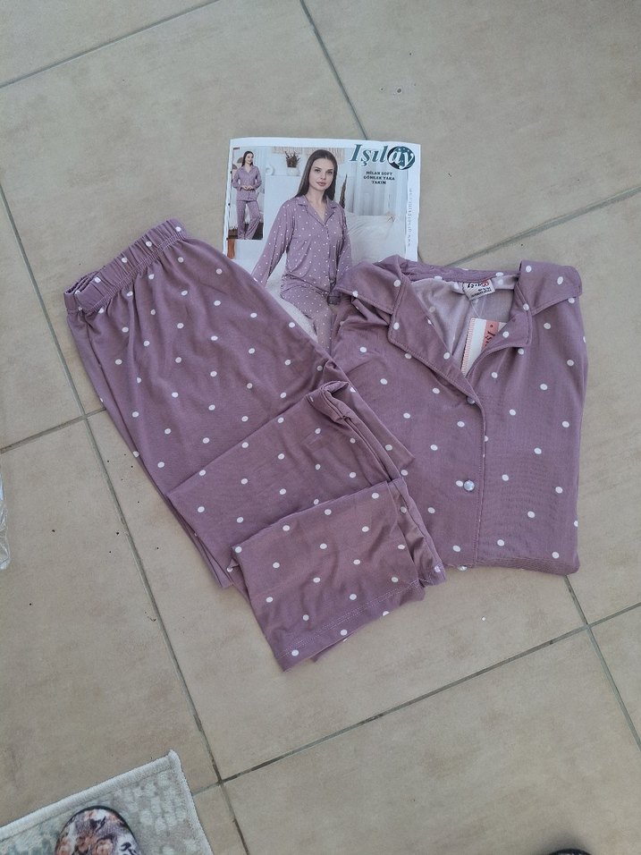 Mor Puantiyeli Uzun Kollu Rahat Pijama Takımı - Görsel 2