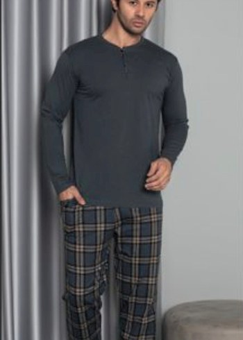 füme Kareli Uzun Kollu Erkek Pijama Takımı - Görsel 2