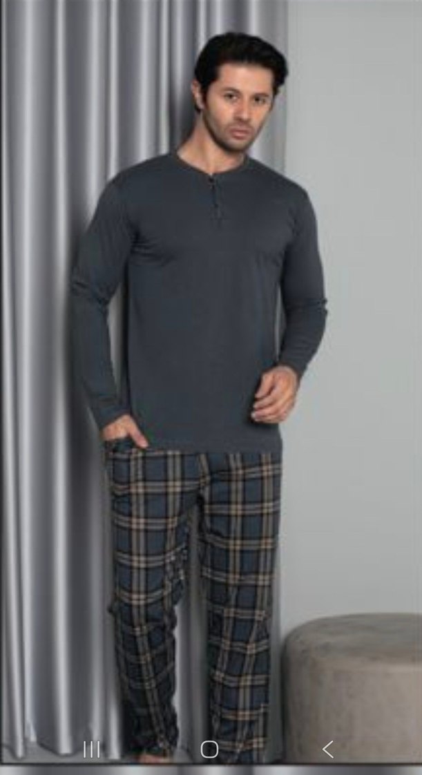 füme Kareli Uzun Kollu Erkek Pijama Takımı - Görsel 2