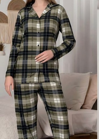 haki Kareli Uzun Kollu Kadın Pijama Takımı - Görsel 2