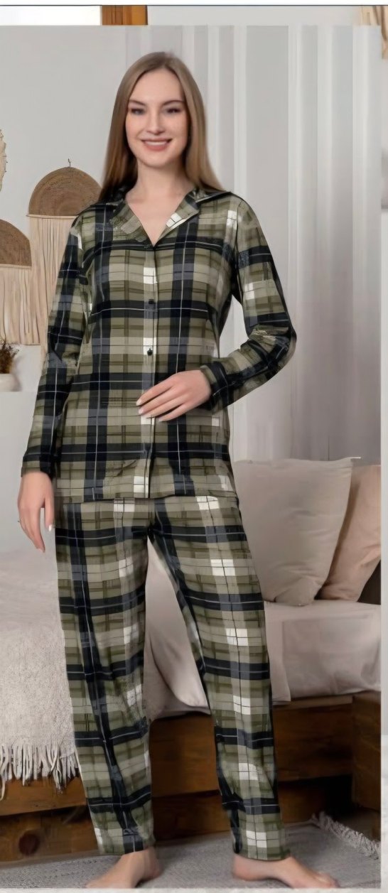 haki Kareli Uzun Kollu Kadın Pijama Takımı - Görsel 2
