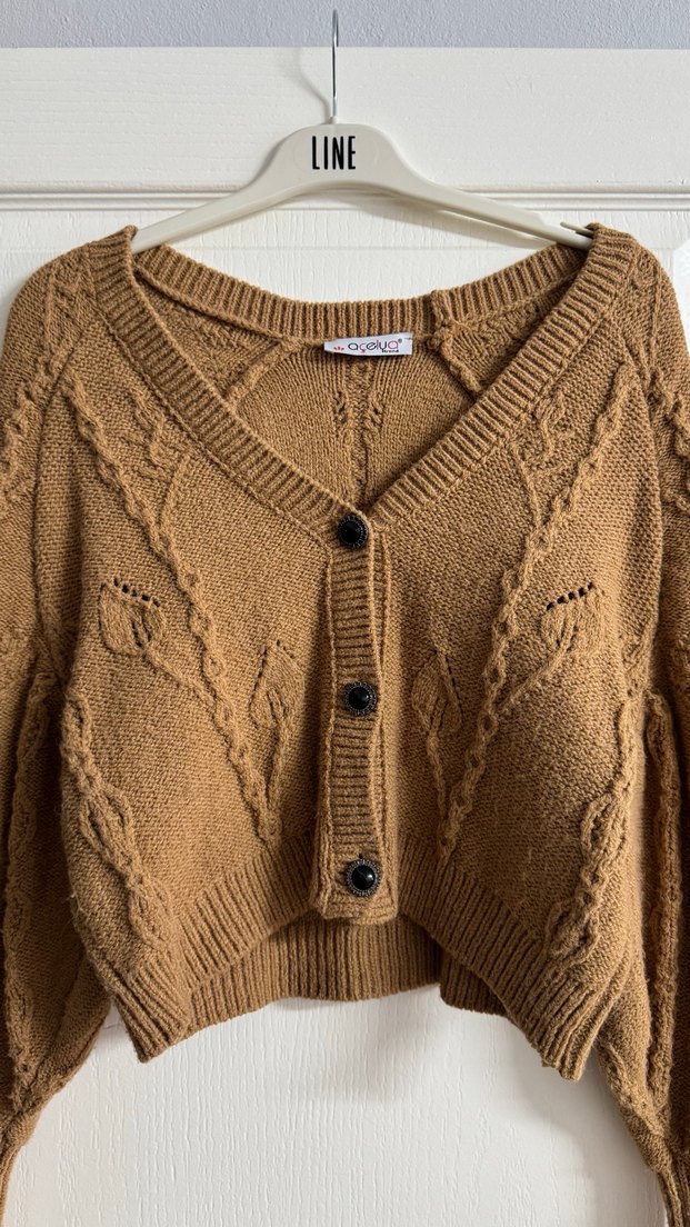 Kahverengi Örgü Kadın Kısa Hırka - Görsel 2