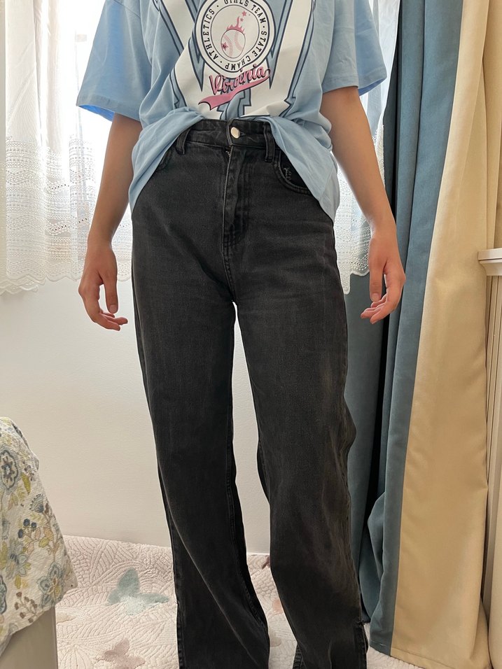 Gri Düğmeli Kadın Kot Pantolon - Görsel 5