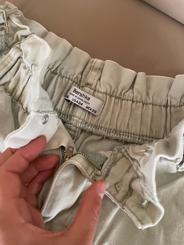 Kadın yeşil Kot Şort, Yüksek Bel, Kemerli - Görsel 3