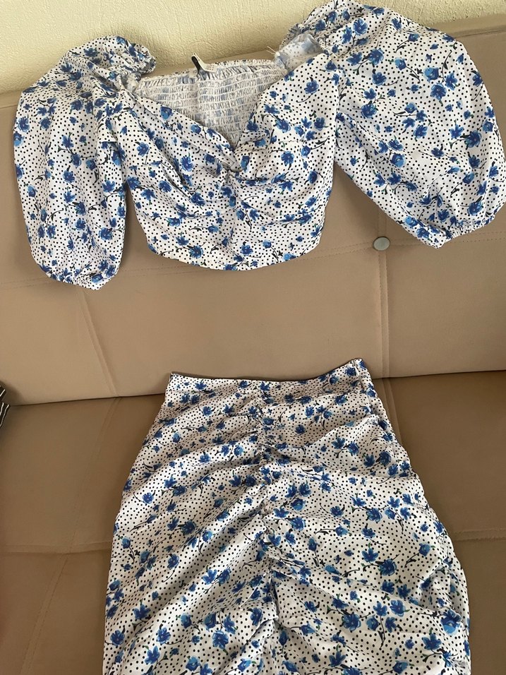 Mavi Çiçekli Bohem etekli takım - Görsel 5