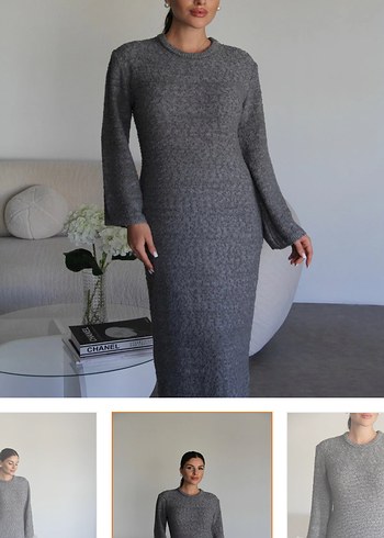 Uzun Gri Triko Kadın Elbise - Görsel 2
