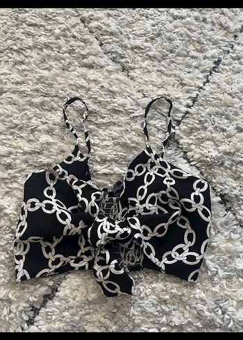 xs Beden Siyah Zincir Desenli Mini Halter Büstiyer