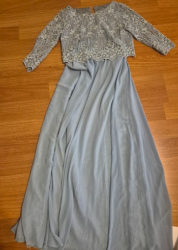 mavi Nakışlı Dantel Detaylı Uzun Elbise - Görsel 2