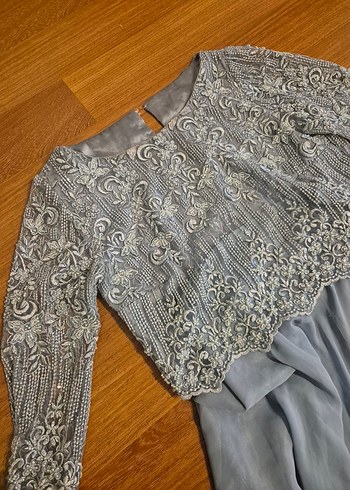 mavi Nakışlı Dantel Detaylı Uzun Elbise - Görsel 3