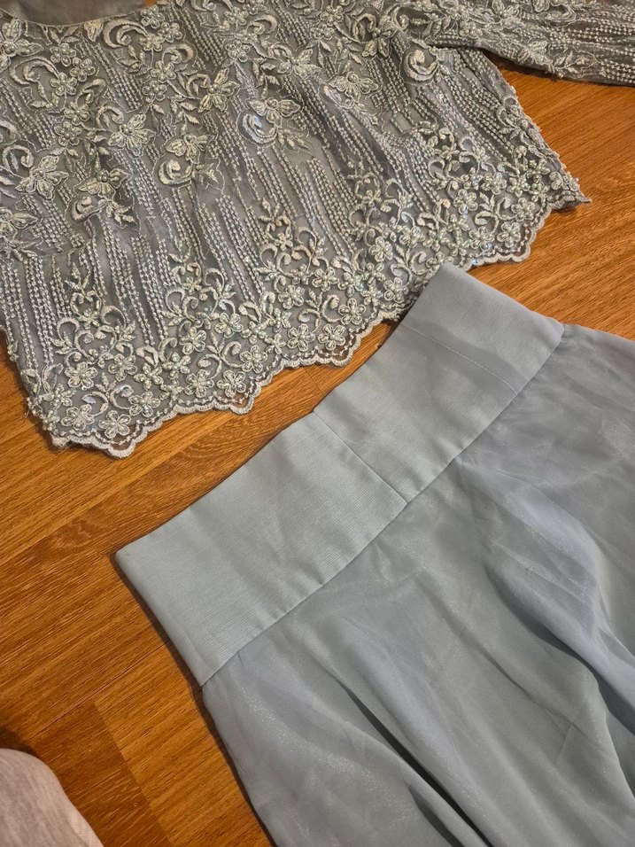 mavi Nakışlı Dantel Detaylı Uzun Elbise - Görsel 5