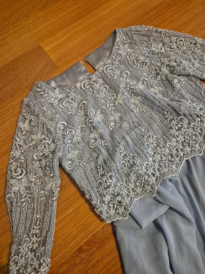 mavi Nakışlı Dantel Detaylı Uzun Elbise - Görsel 3