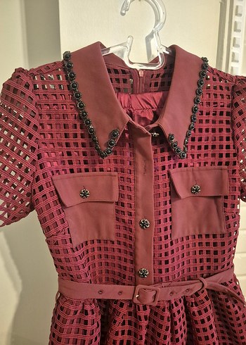 Bordo Puantiyeli Uzun Kollu Pilili Elbise - Görsel 3