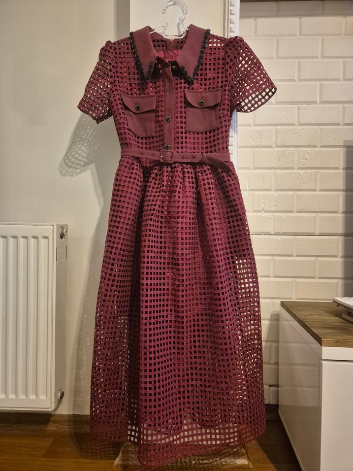 Bordo Puantiyeli Uzun Kollu Pilili Elbise - Görsel 2