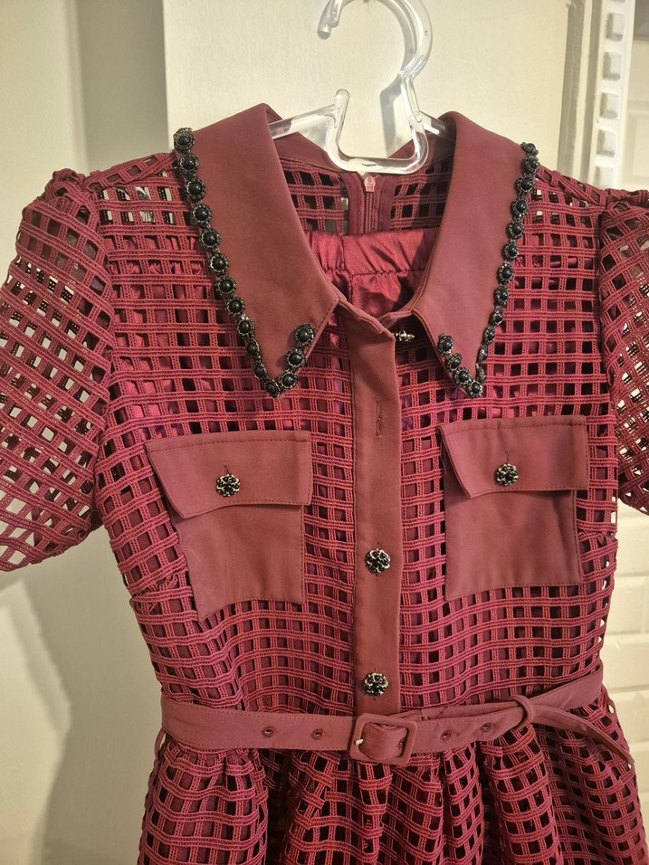 Bordo Puantiyeli Uzun Kollu Pilili Elbise - Görsel 3