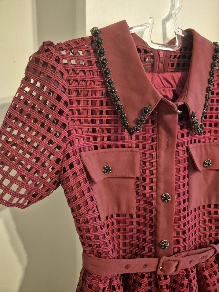 Bordo Puantiyeli Uzun Kollu Pilili Elbise - Görsel 4