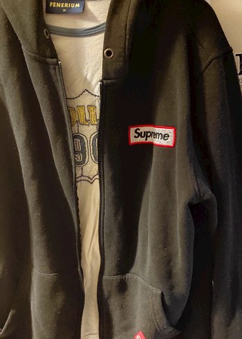 l Beden Supreme Siyah Fermuarlı Kapüşonlu Sweatshirt