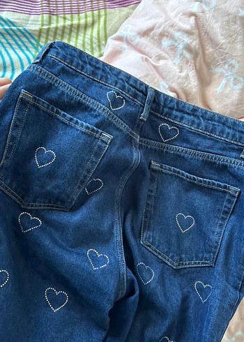 Nakışlı kalpli taşlı Mavi Bol Kesim Midi Kot Pantolon - Görsel 3