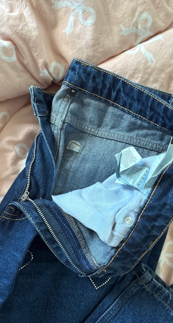 Nakışlı kalpli taşlı Mavi Bol Kesim Midi Kot Pantolon - Görsel 2