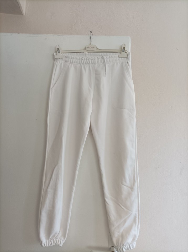 Beyaz Kadın Keten Rahat Kesim Sweatpant - Görsel 2