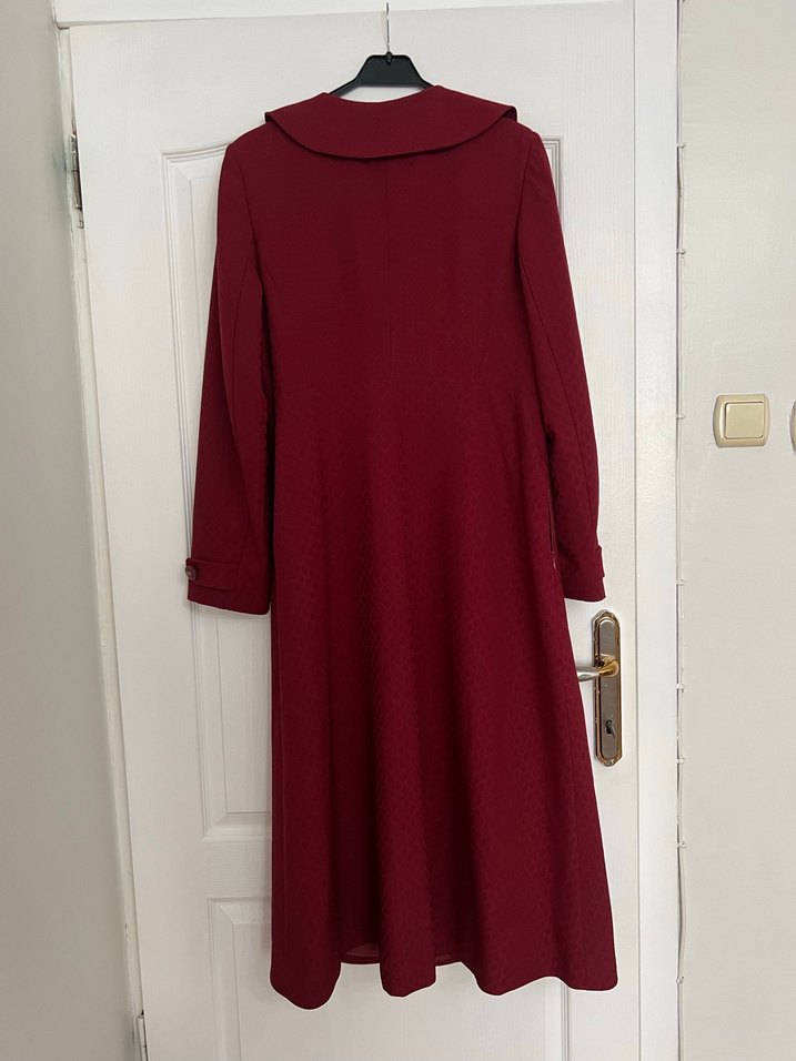 Bordo Uzun Kadın Pardesü Drapeli Yaka - Görsel 4