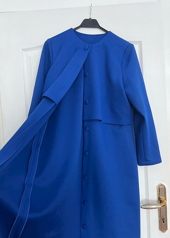 Uzun Kollu Lacivert Kadın Pardesü - Görsel 3