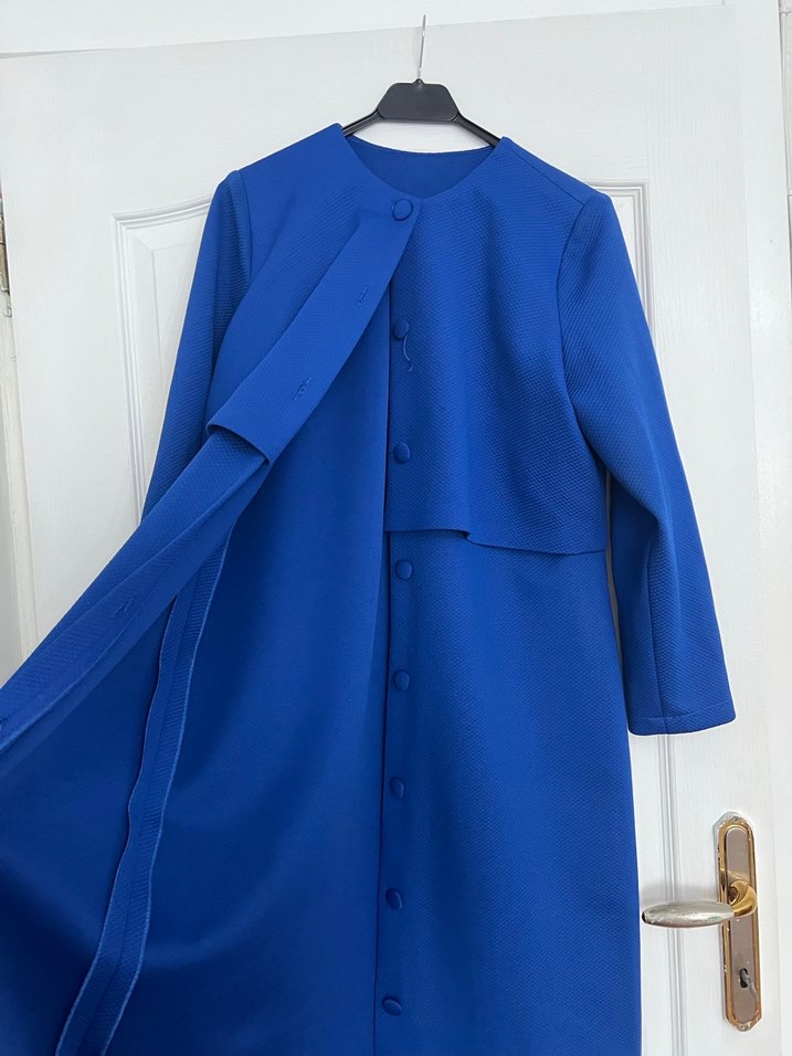 Uzun Kollu Lacivert Kadın Pardesü - Görsel 3