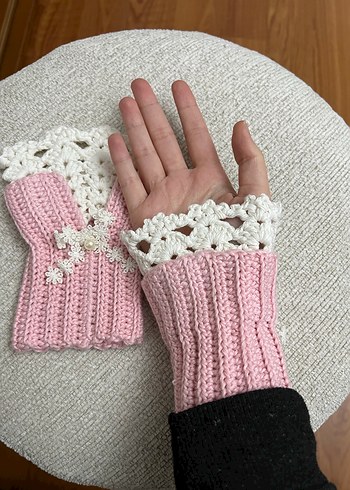 Dantel Detaylı Pembe Örgü Eldiven - Görsel 3